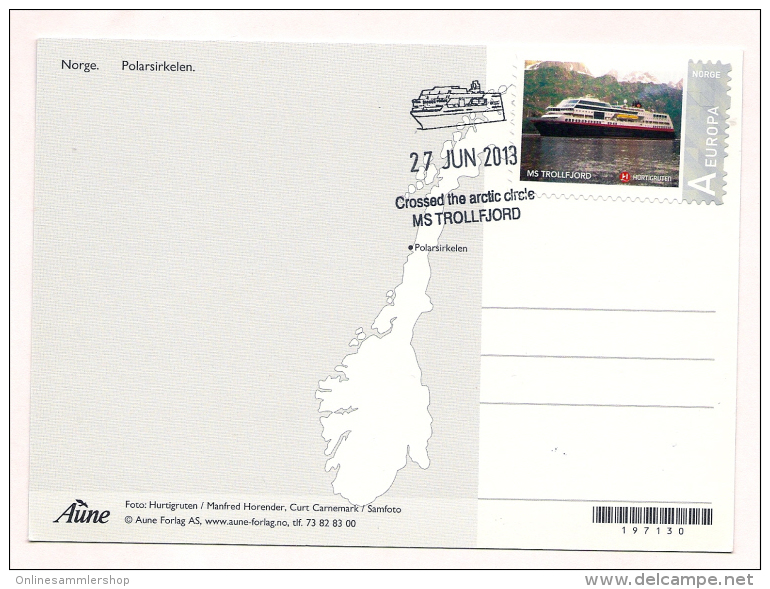 Norwegen - AK - Schiffe - Hurtigruten - MS Midnatsol / Polarkreiszeiche Mit Sonderstempel Polarkreisquerung 27.Juni 2013 - Ferries