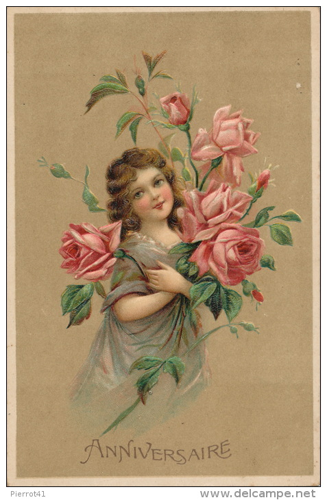 ENFANTS - LITTLE GIRL - MAEDCHEN - Jolie Carte Fantaisie Gaufrée Fillette Avec Bouquet De Roses "Anniversaire" (embossed - Dessins D'enfants