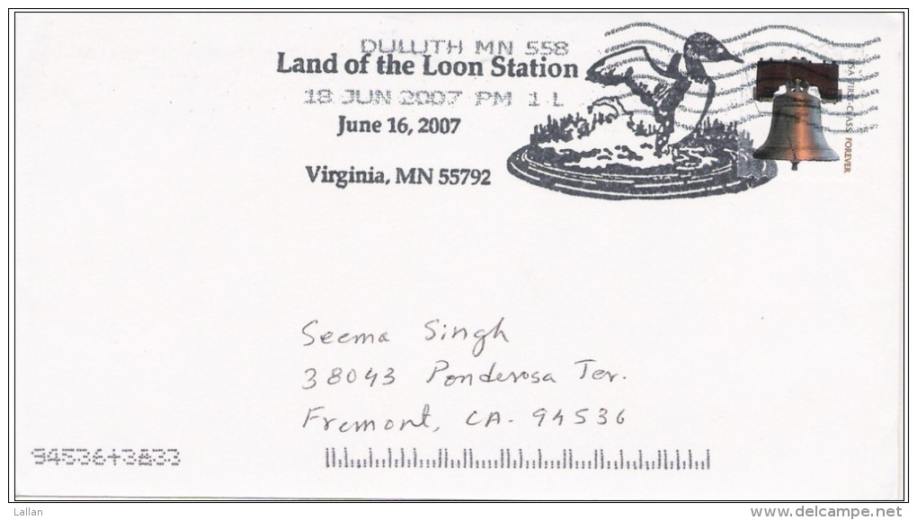 Land Of Loon,Duck, US Pictorial Cancellation On Genuinely Used Domestic Cover,2007 - Entenvögel