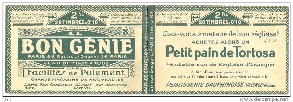 France Carnet Type Pasteur Yv 170-C1 ** Serie 93. 4 Scans. Cérès 138 Dallay 44 20x10c. Vert Type II, 115x72mm Sans Publ. - Autres & Non Classés