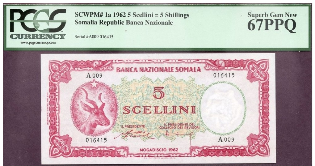 SOMALIA 1962  5 SCELLINI (5 SHILLINGS)  , Genuine Banknote - Somalie