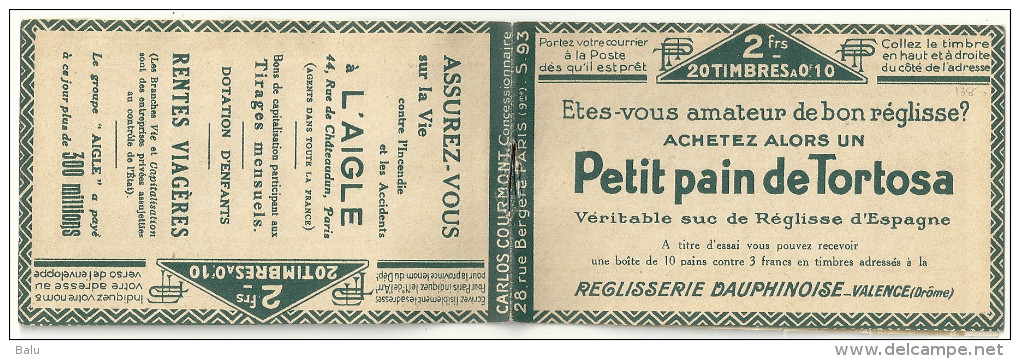 France Carnet Type Pasteur Yv 170-C1 ** Serie 93. 3 Scans. Cérès 138 Dallay 44 20x10c. Vert Type II, 115x72mm Sans Publ. - Sonstige & Ohne Zuordnung