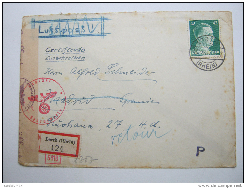 1944, Einschreiben Aus Lorch Nach  Spanien,  Retour - Briefe U. Dokumente