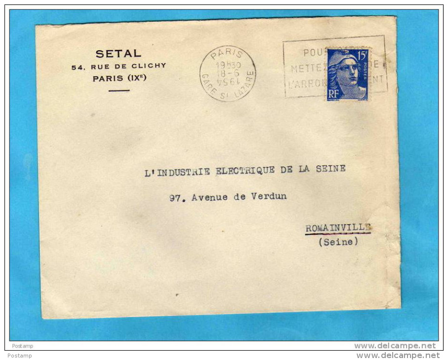 Marianne De Gandon- Sur Lettre-15 Frs N°886-- Cachet Avec Année à L'envers - Paris Gare St Lazare - Storia Postale