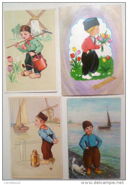 CP Lot 4x Litho Illustrateur W.S.S.B. Coloprint Kruger Folklore ENFANT HOLLANDE Pays-bas Sabot Tulipe Bateau Moulin - Colecciones Y Lotes