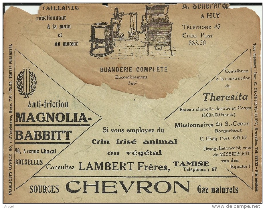 BELGICA CC CHEQUES POSTALES 1928 PUBLICIDAD LAVADORA GAS CHEVRON  BARCO CAPULLA THERESITA CONTENIDOS - Cartas & Documentos