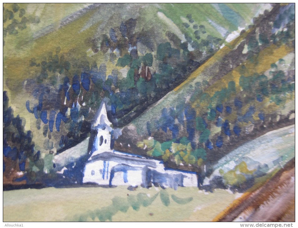 Petite Peinture Peinte à La Main Sur Support Carton  Clocher Dans La Vallée Signée R. Constantin Vintage Dessin - Waterverf