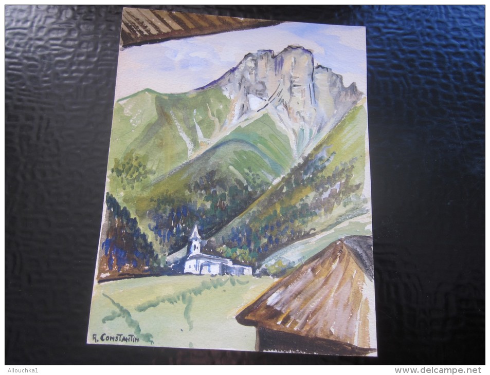 Petite Peinture Peinte à La Main Sur Support Carton  Clocher Dans La Vallée Signée R. Constantin Vintage Dessin - Gouaches