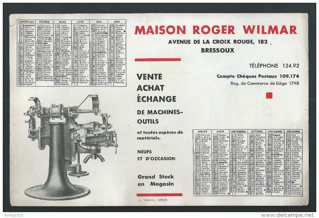 Buvard - Calendrier 1932.  Machies- Outils.Maison R. Wilmar. Av. De La Croix Rouge Bressoux. Liège. - M