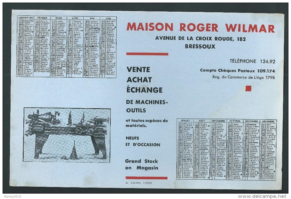 Buvard - Calendrier 1932.  Machies- Outils.Maison  Roger Wilmar. Av. De La Croix Rouge. Bressoux. - M