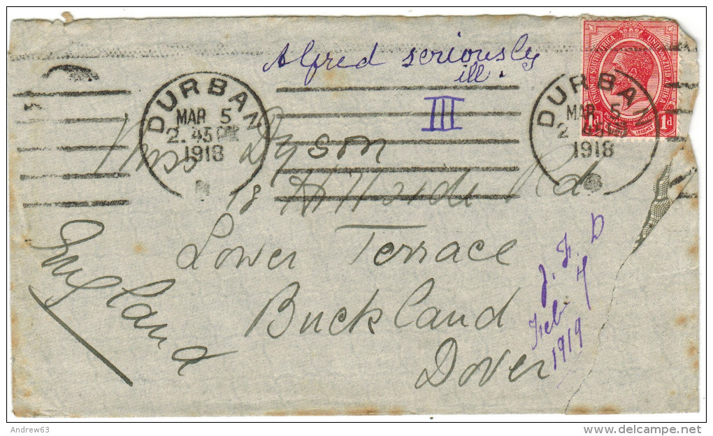 South Africa - Sud Africa - SUID AFRIKA - 1918 - 1d - Viaggiata Da Durban Per Buckland, England - Briefe U. Dokumente