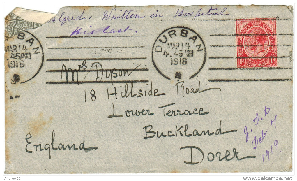 South Africa - Sud Africa - SUID AFRIKA - 1918 - 1d - Viaggiata Da Durban Per Buckland, England - Briefe U. Dokumente