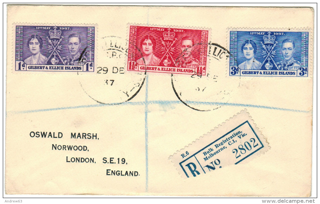 GILBERT & ELLICE ISLANDS - 1937 - Registered Bulk Melbourne - CORONATION - Viaggiata Per London, England - Gilbert- Und Ellice-Inseln (...-1979)