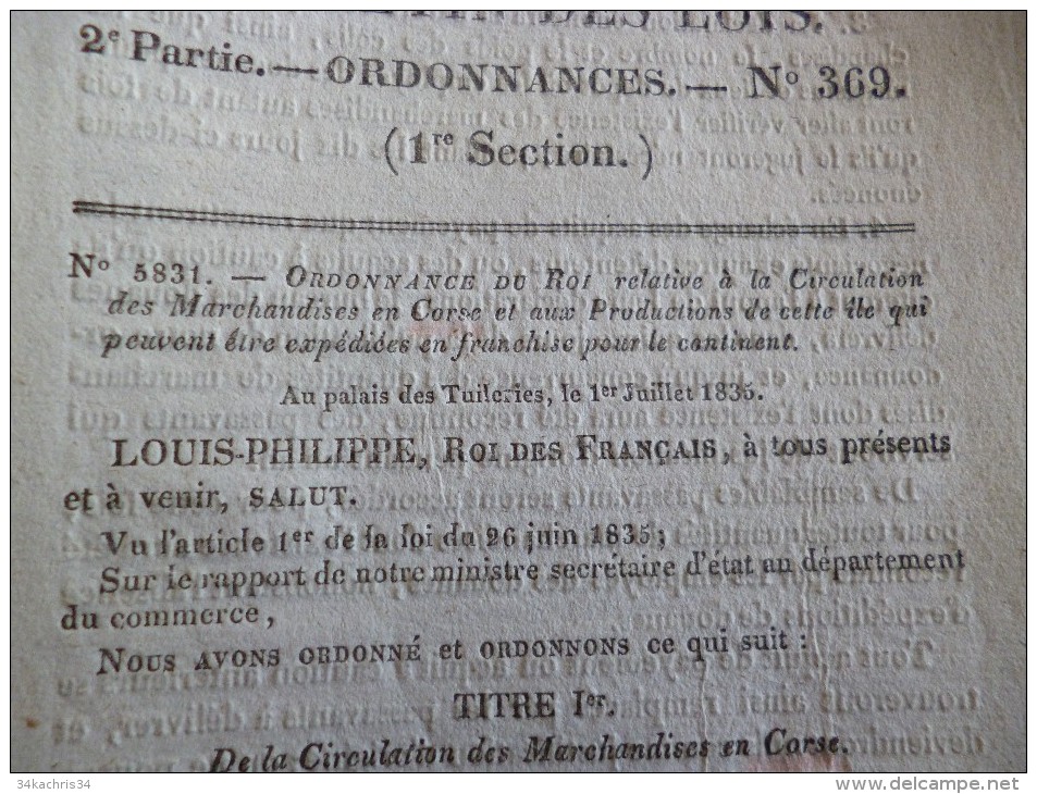 Bulletin Des Lois N° 369. Circulation Des Marchandises En Corse. 1er Juillet 1835 - Sin Clasificación
