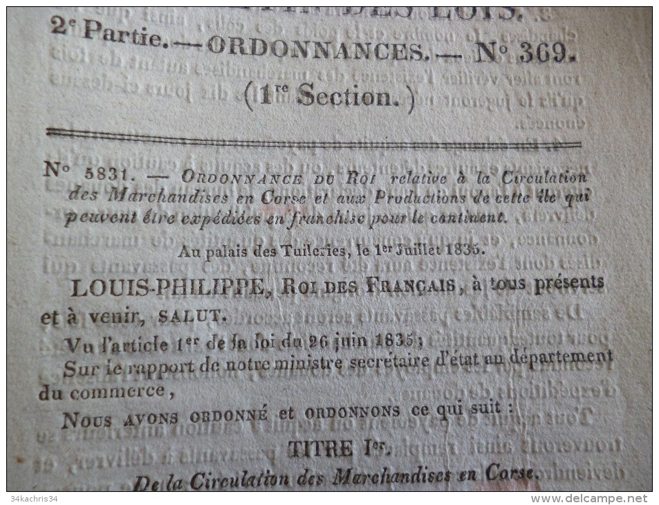 Bulletin Des Lois N° 369. Circulation Des Marchandises En Corse. 1er Juillet 1835 - Non Classés