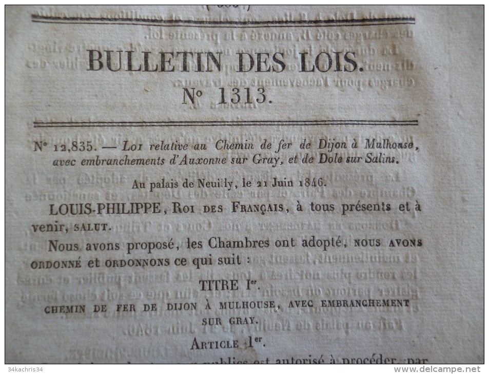 Bulletin Des Lois N° 1313. 21/06/1846. Chemins De Fer Dijon à Mulhouse, Orléans à Vierzon, Nîmes à Montpellier - Unclassified