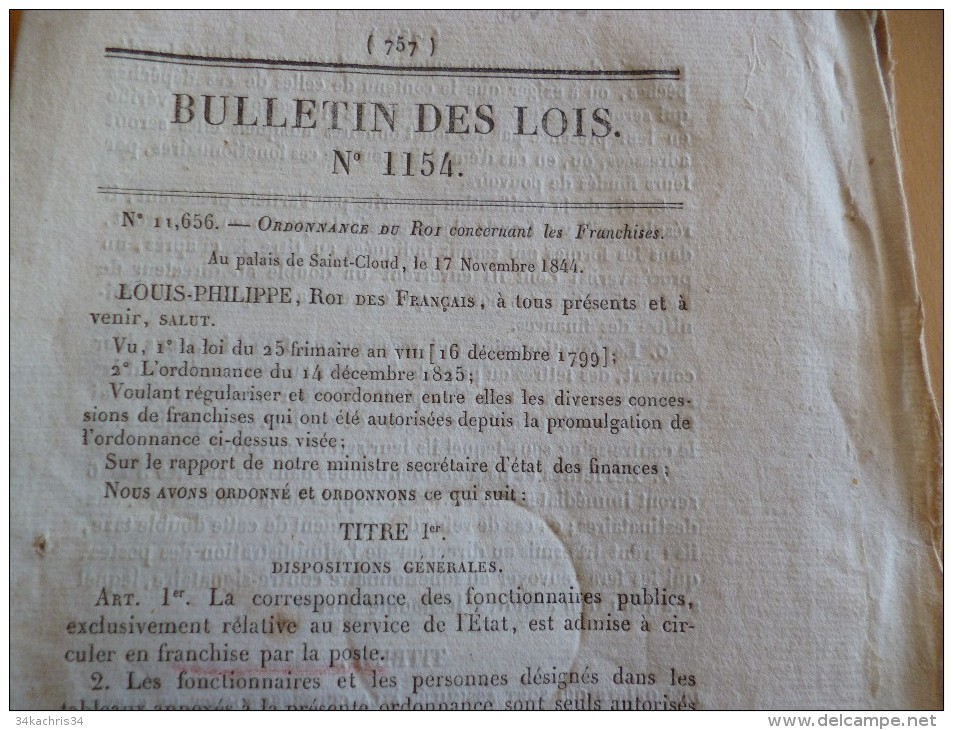 Bulletin Des Lois N° 1154 17 Novembre 1844. Postes Timbres Franchises,  Pages 757 à Pages 962. 205 Pages - Ohne Zuordnung