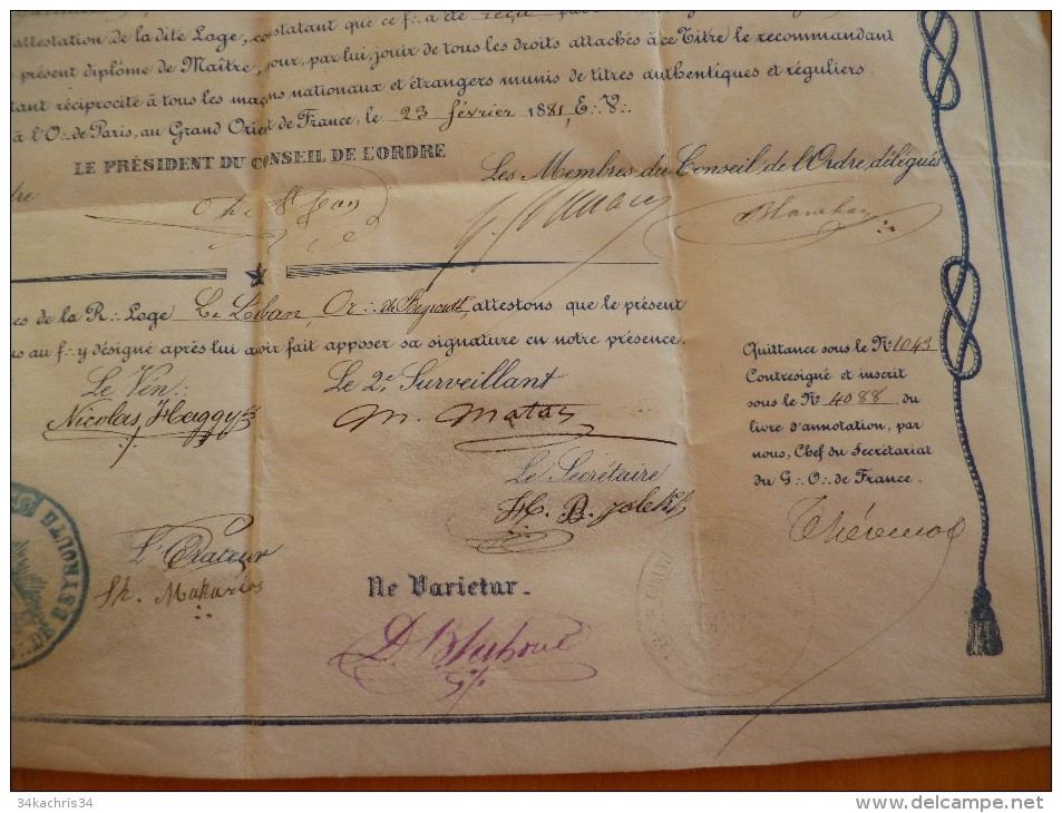 Rare Diplôme Franc Maçonnerie Avec Autographes Et Cachet.1881; Loge Le Liban Or; Beyrouth Rarissime - Diplômes & Bulletins Scolaires