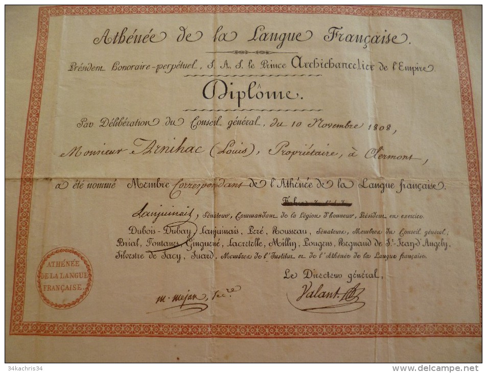 Rare Diplôme Avec Autographes Et Cachet.1808 Athénée De La Langue Française. Empire Pages - Diploma & School Reports