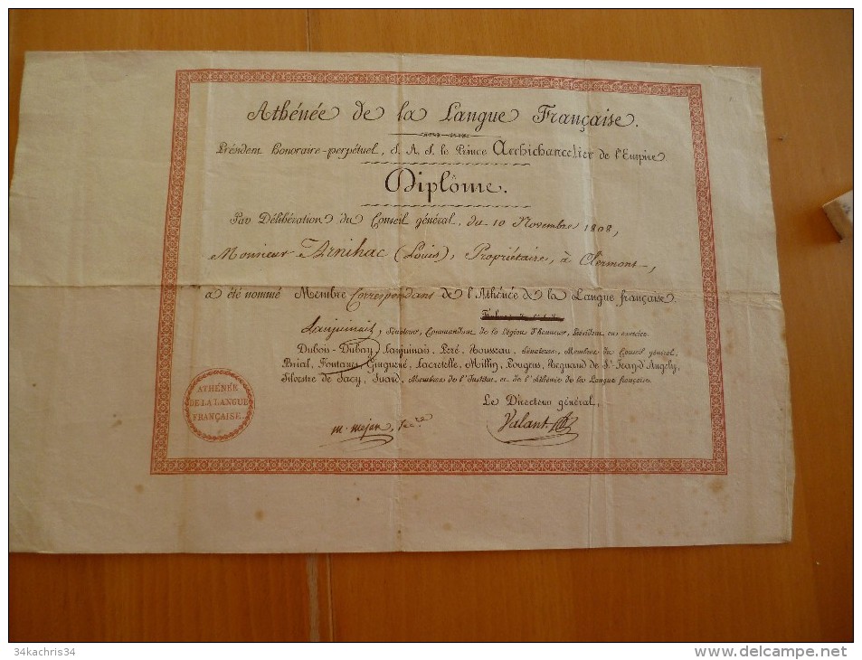 Rare Diplôme Avec Autographes Et Cachet.1808 Athénée De La Langue Française. Empire Pages - Diploma & School Reports