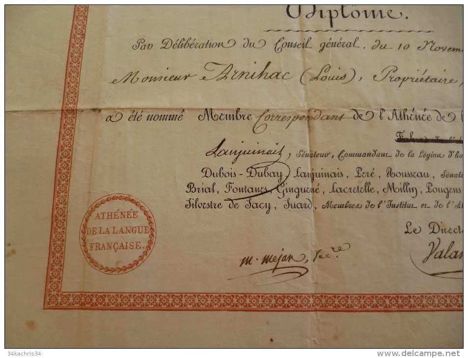 Rare Diplôme Avec Autographes Et Cachet.1808 Athénée De La Langue Française. Empire Pages - Diploma & School Reports