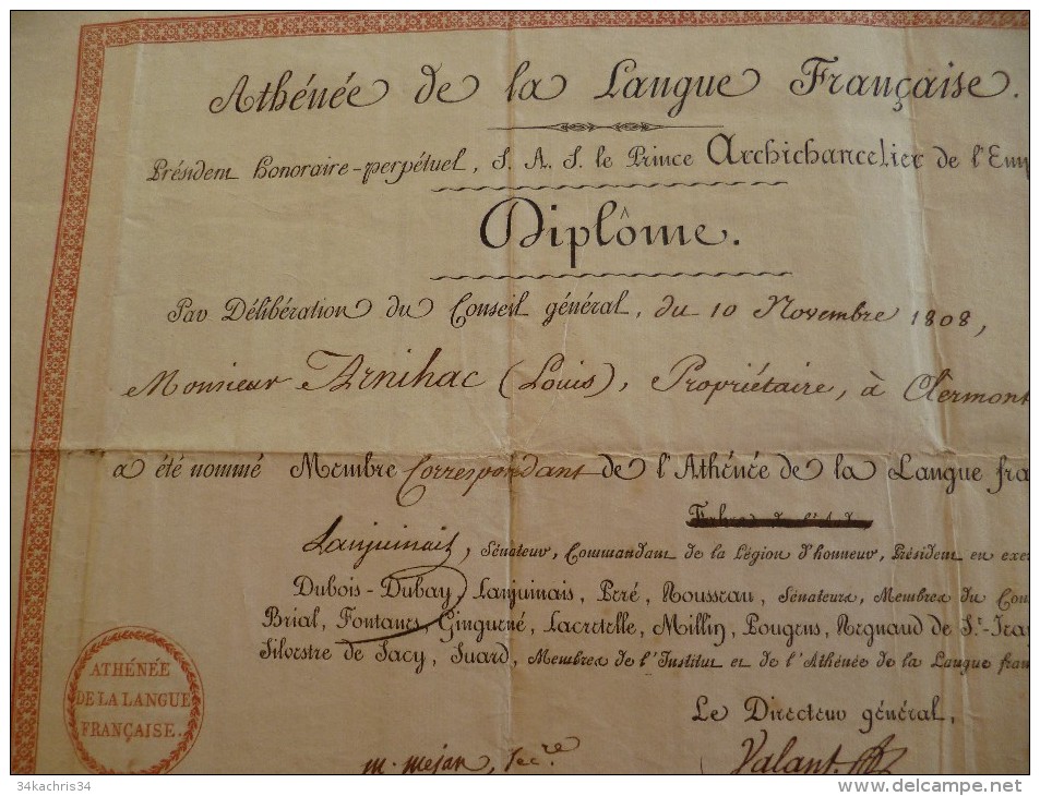 Rare Diplôme Avec Autographes Et Cachet.1808 Athénée De La Langue Française. Empire Pages - Diplômes & Bulletins Scolaires