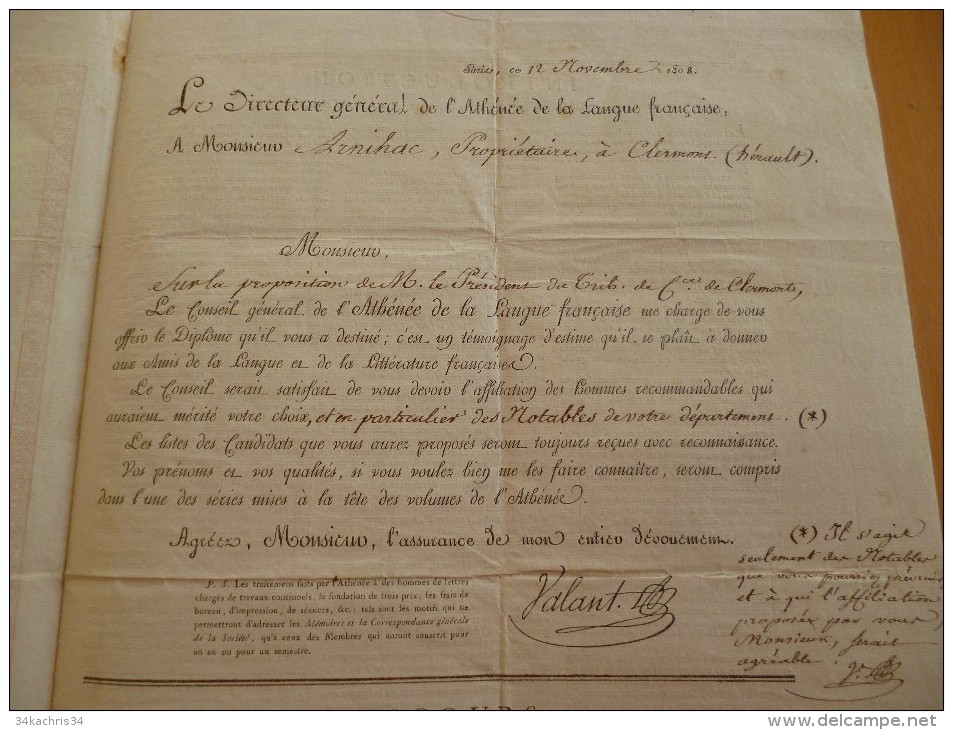 Rare diplôme avec autographes et cachet.1808 Athénée de la langue française. Empire pages