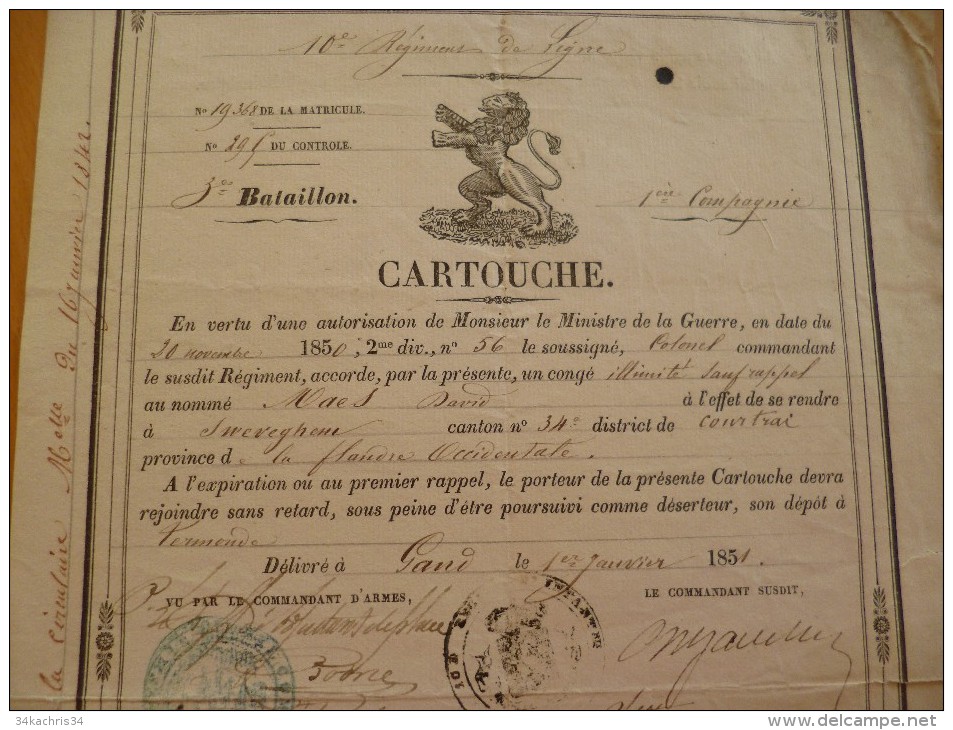 Cartouche De Congé 1851 Belgique Bruxelles 10 ème Régiment De Ligne 3 ème Bataillon - Dokumente