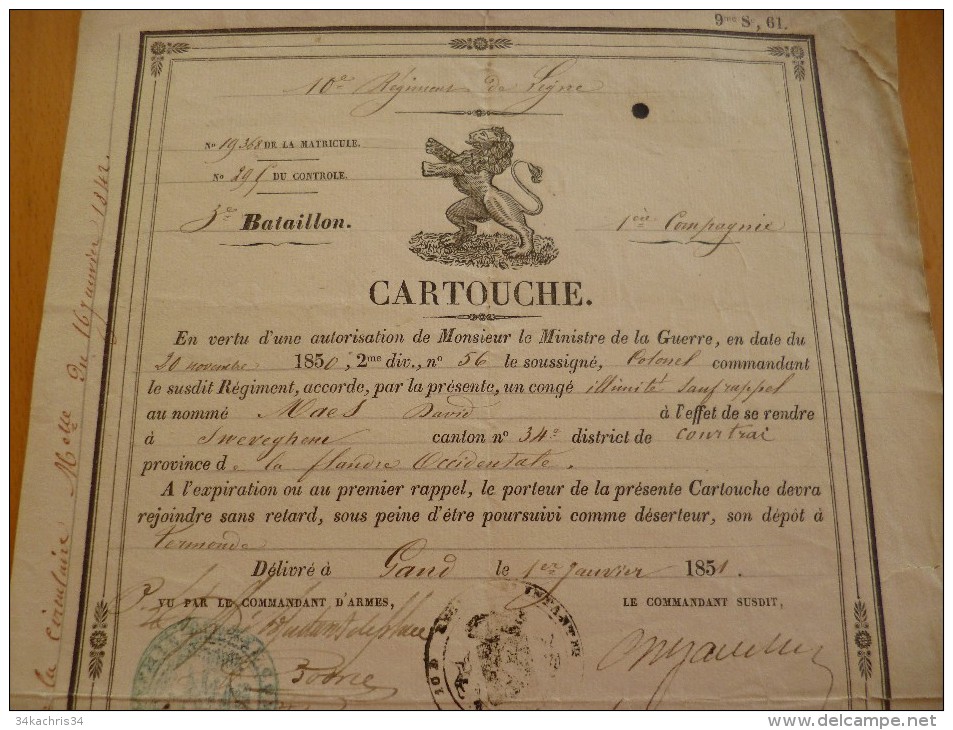 Cartouche De Congé 1851 Belgique Bruxelles 10 ème Régiment De Ligne 3 ème Bataillon - Documents