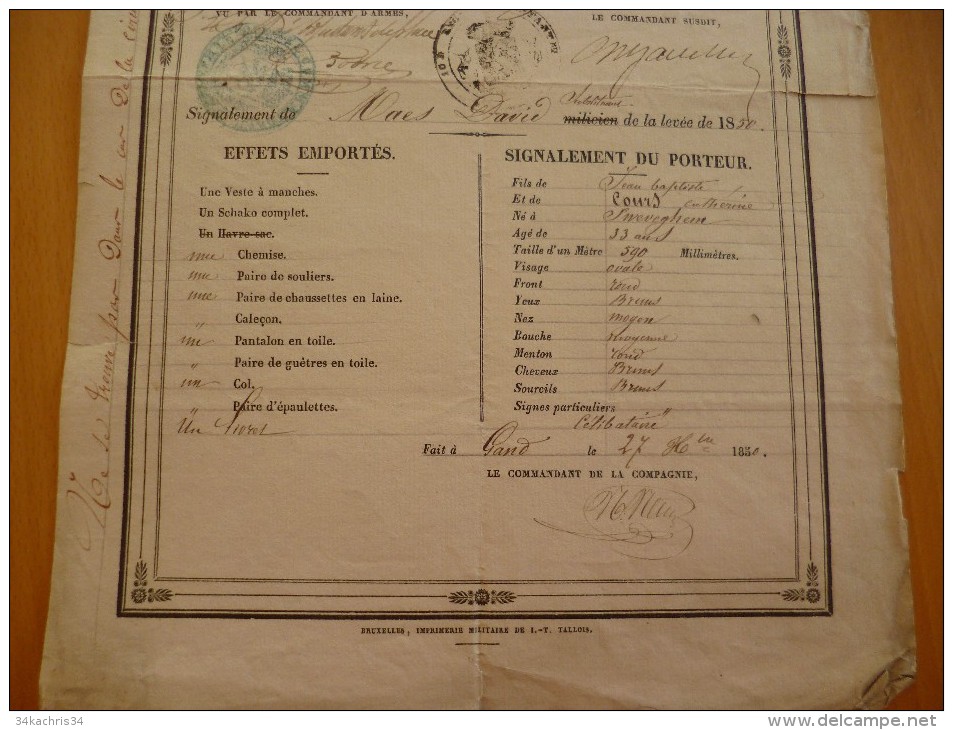 Cartouche De Congé 1851 Belgique Bruxelles 10 ème Régiment De Ligne 3 ème Bataillon - Documents