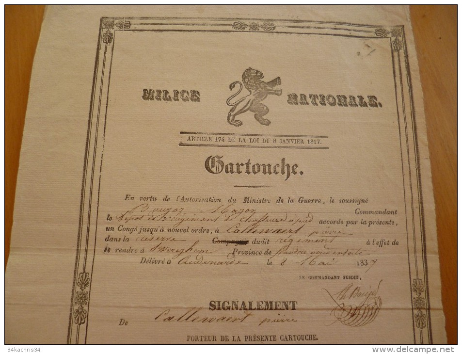 Cartouche De Congé 1837 Belgique Audenard Milice Nationale - Documentos