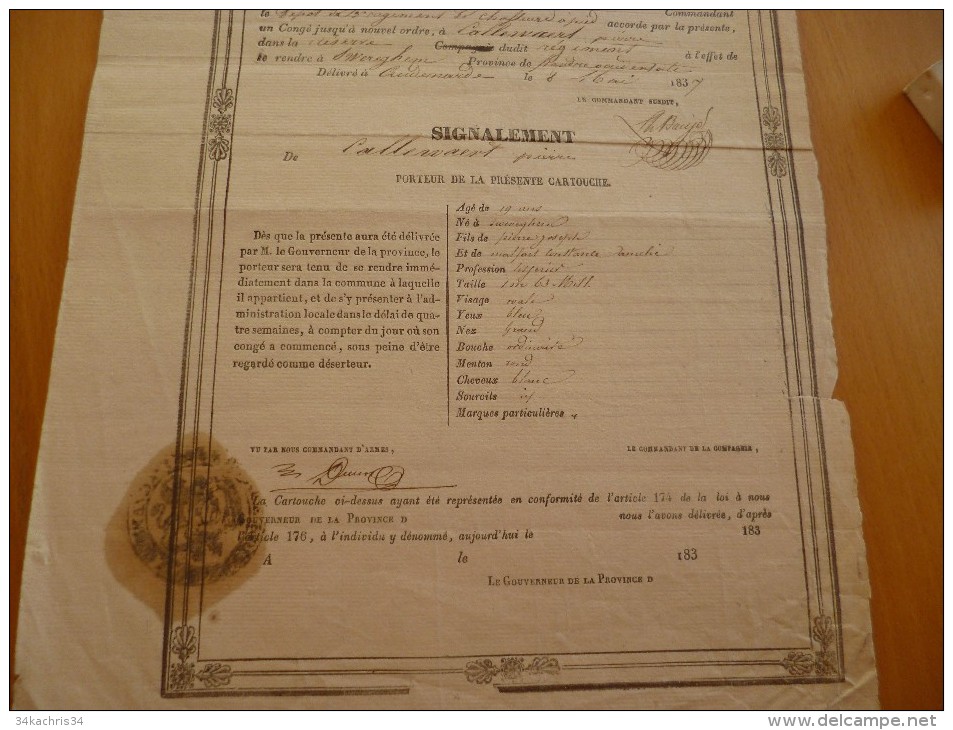 Cartouche De Congé 1837 Belgique Audenard Milice Nationale - Documentos