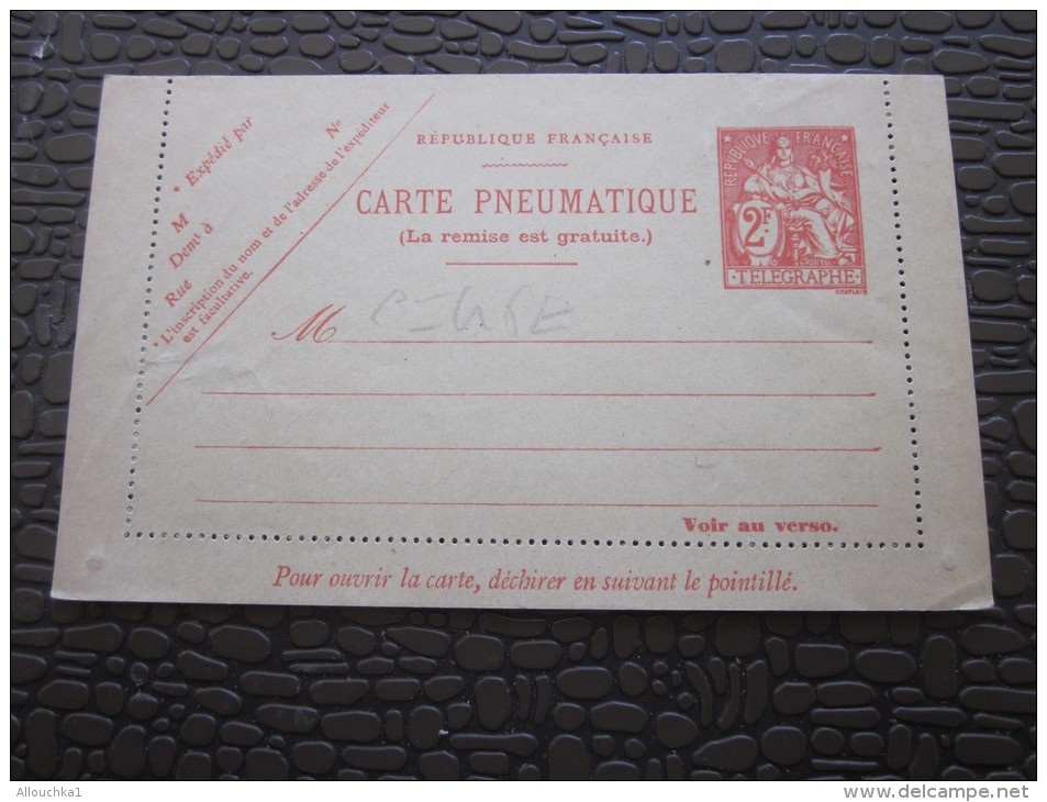 Entier Postaux  Carte Pneumatique Neuf ** Cote 45 &euro;uros  Type Mouchon Trés Bon état Ecriture 45e Au Crayon Effaçabl - Pneumatici