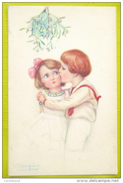 CPA LITHO Illustrateur BOMPARD DUO ENFANT ENFANTS Baiser Bisou Sous Le Gui Ecrite 1919 - Bompard, S.