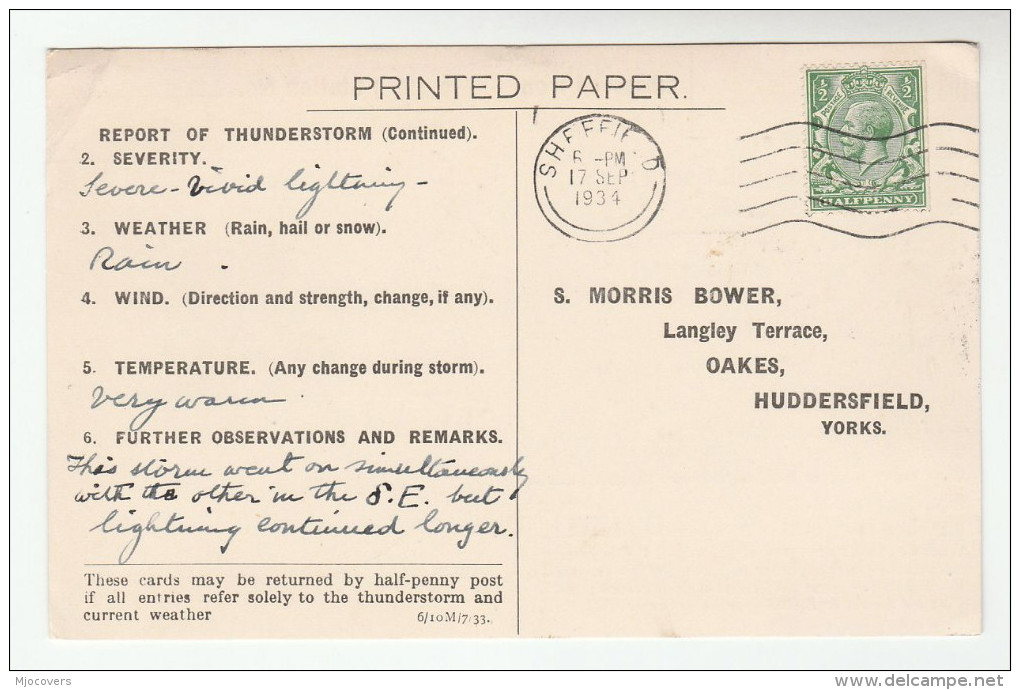 1935 SHEFFIELD GB GV Stamps COVER Postcard METEOROLOGY Report WEATHER STATION Re THUNDERSTORM - Climate & Meteorology