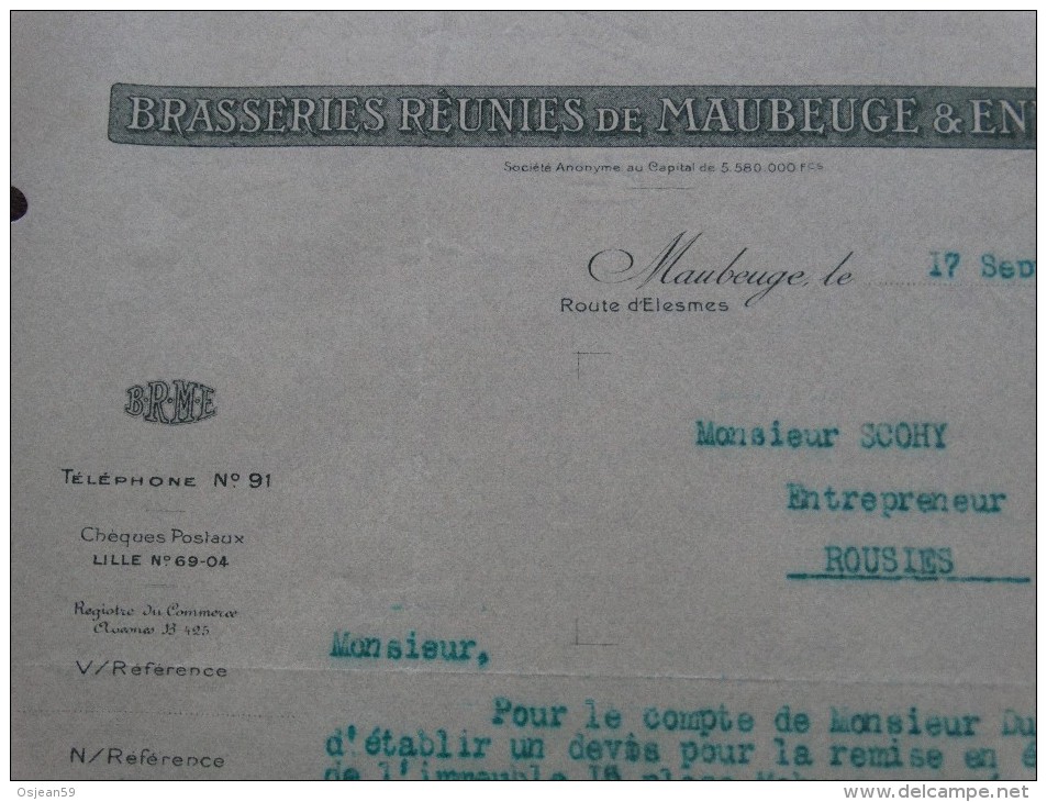 Lettre De 1932-Brasseries Réunies De MAUBEUGE Et Environs-demande De Devis - Alimentaire