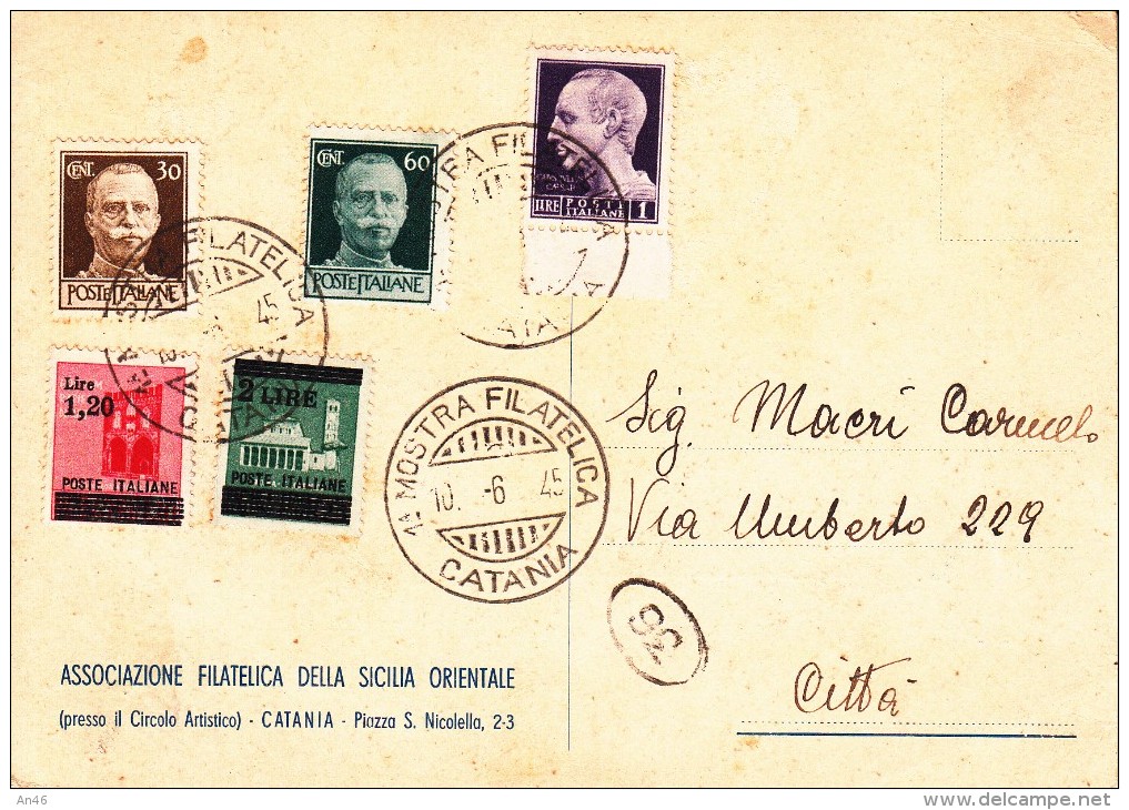 STORIA POSTALE-I°MOSTRA FILATELICA CATANESE-SICILIA ORIENTALE-10/16 GIUGNO 1945-VEDI-LOOK-ZIE RETRO- 2 SCAN - Events & Gedenkfeiern