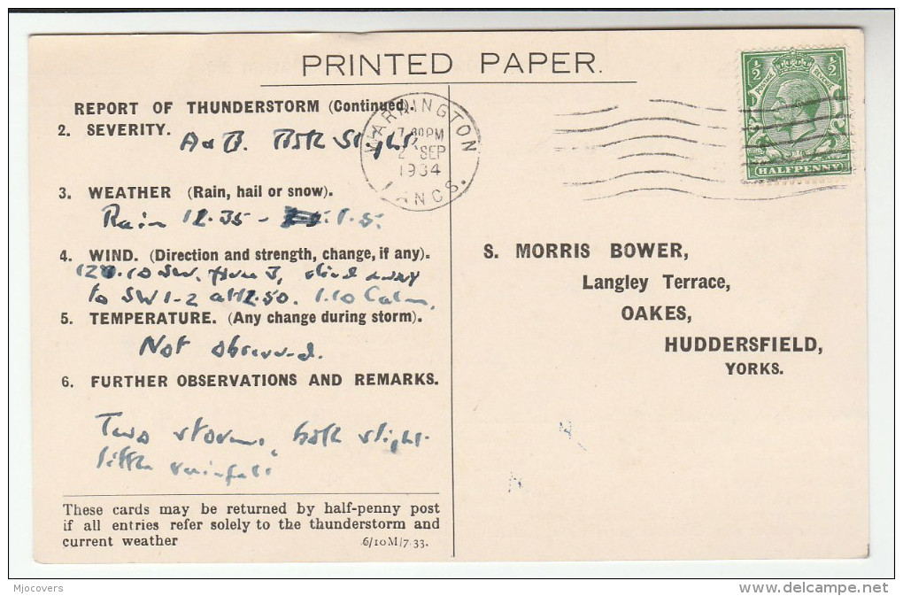 1934 WARRINGTON GB GV Stamps COVER Postcard METEOROLOGY Report WEATHER STATION  Re THUNDERSTORM - Climate & Meteorology