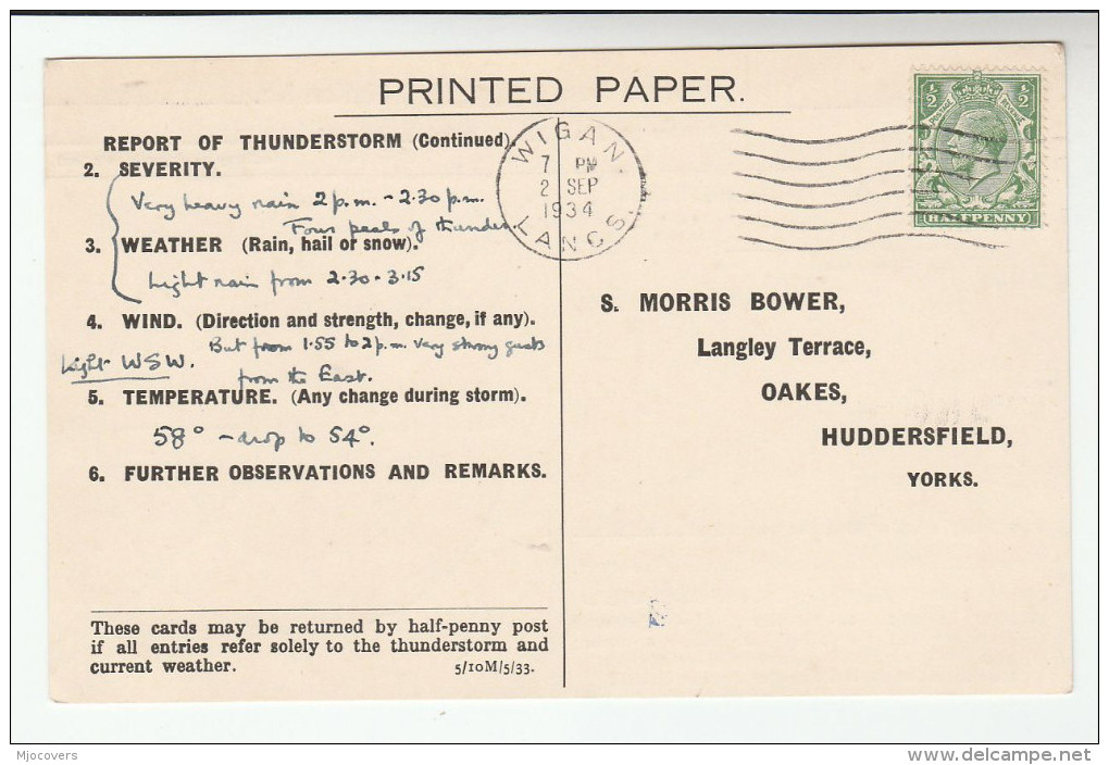 1934 WIGAN GB GV Stamps COVER Postcard METEOROLOGY  Report WEATHER STATION  Re THUNDERSTORM - Climate & Meteorology