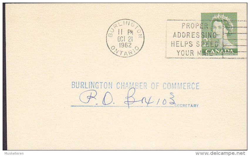 Canada Postal Stationery Ganzsache Entier 2 C. Elizabeth II. BURLINGTON Ontario 1962 To CHAMBER OF COMMERCE (2 Scans) - 1953-.... Reign Of Elizabeth II