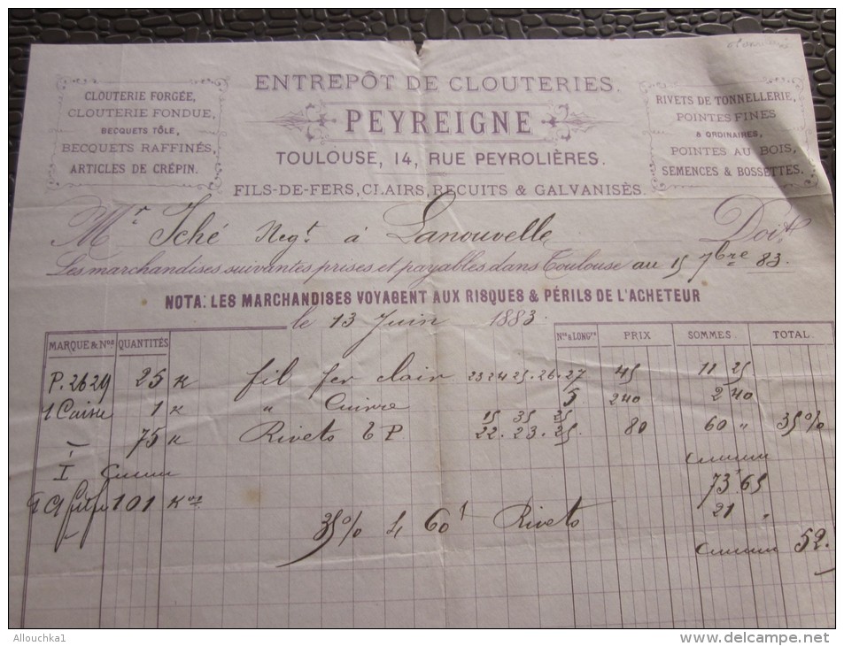 Toulouse 15 Sep 1883 Facture à En-tête Commerciale Illustrée Entrepôt De Clouterie Peyreigne Fil De Fer Semences - 1800 – 1899