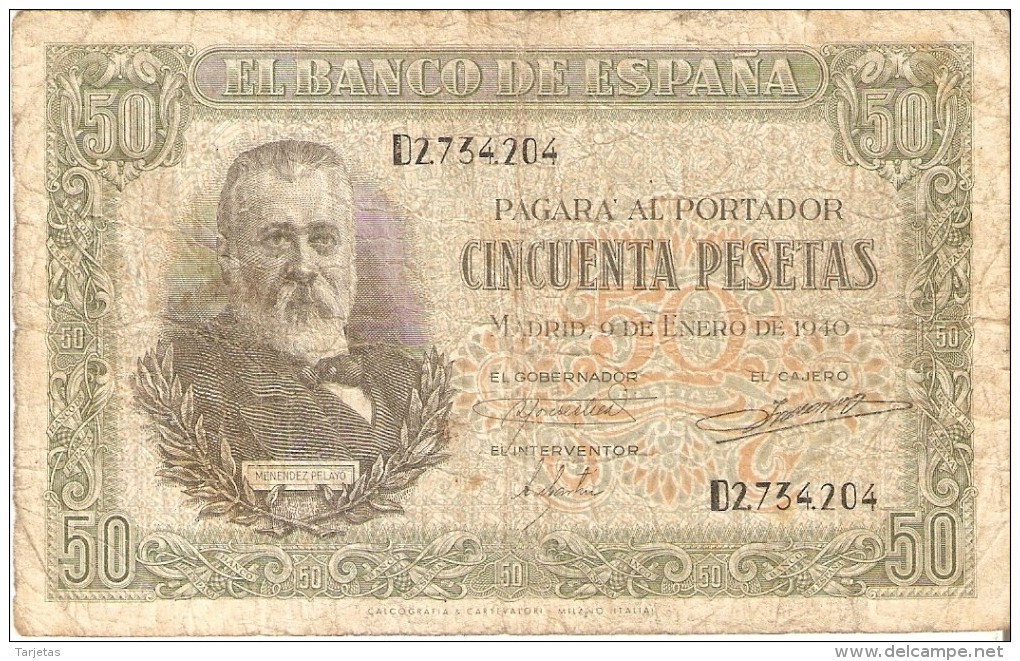 BILLETE DE ESPAÑA DE 50 PTAS DEL 9/01/1940 SERIE D CALIDAD  RC (BANKNOTE) - 50 Pesetas