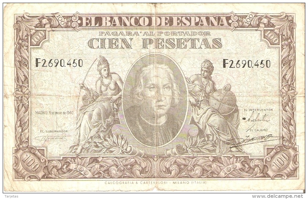 BILLETE DE ESPAÑA DE 100 PTAS DEL 9/01/1940 SERIE F  EN CALIDAD BC  (BANKNOTE) - 100 Peseten