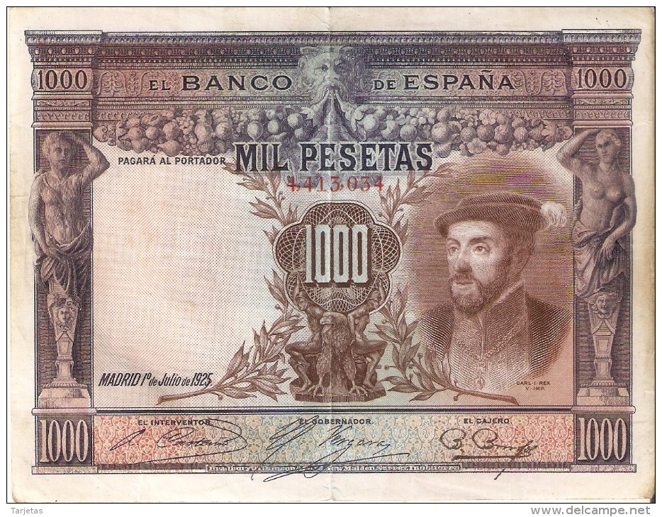 BILLETE DE ESPAÑA DE 1000 PTAS DEL AÑO 1925 DE CARLOS I CALIDAD BC  SIN SERIE (BANKNOTE) - 1000 Pesetas