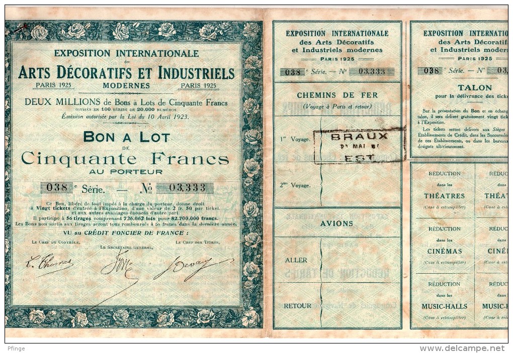 Exposition Internationale Des Arts Décoratifs Et Industriels , Paris 1925 - Bon à Lot De 50 Francs - Tourismus