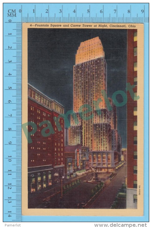 US Ohio OH ( Fountain Aquare And Carew Tower At Night Cincinnati, Animated Old Car  CPSM    Linen Postcard ) Recto/Verso - Cincinnati