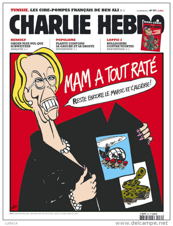 CHARLIE HEBDO N° 971 Du 26/01/2011 - Michèle Alliot-Marie / Renault : Ghosn Plus Nul Que Schweitzer / Tunisie Ben Ali - Humour