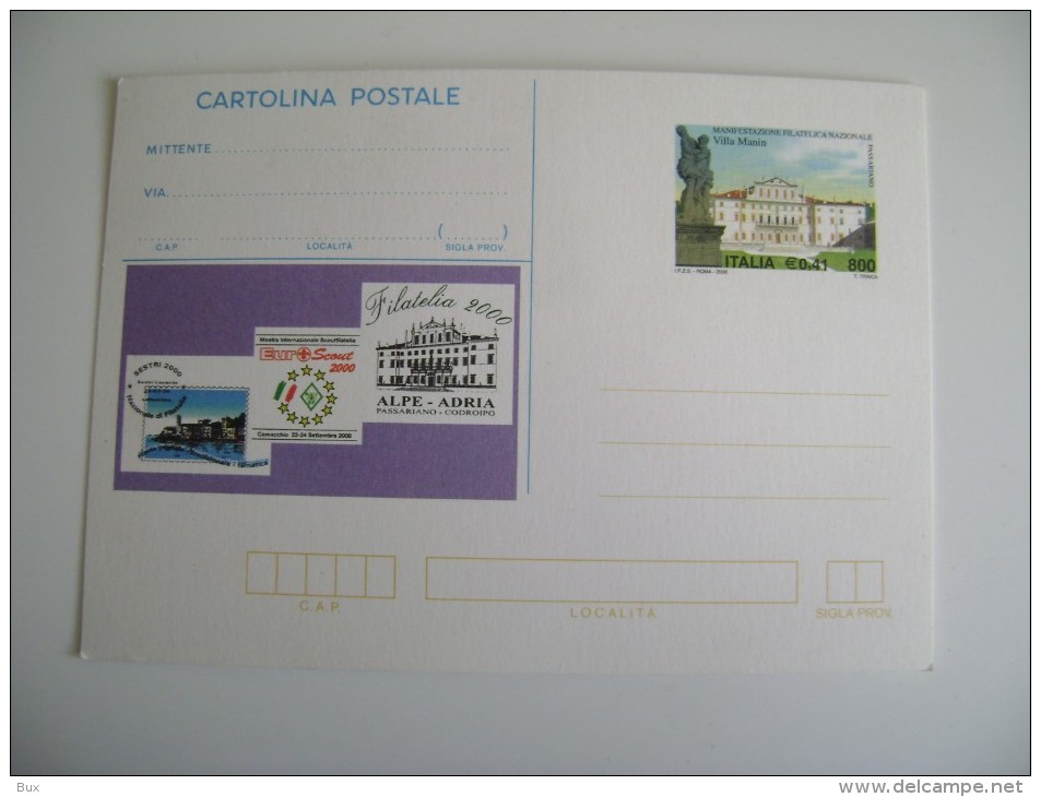 ITALIA - 2000 - Sestri 2000, Euro Scout E Alpe - Adria - Cartolina Postale - Intero - 800 L. - 0,41 € - Villa Manin - Interi Postali