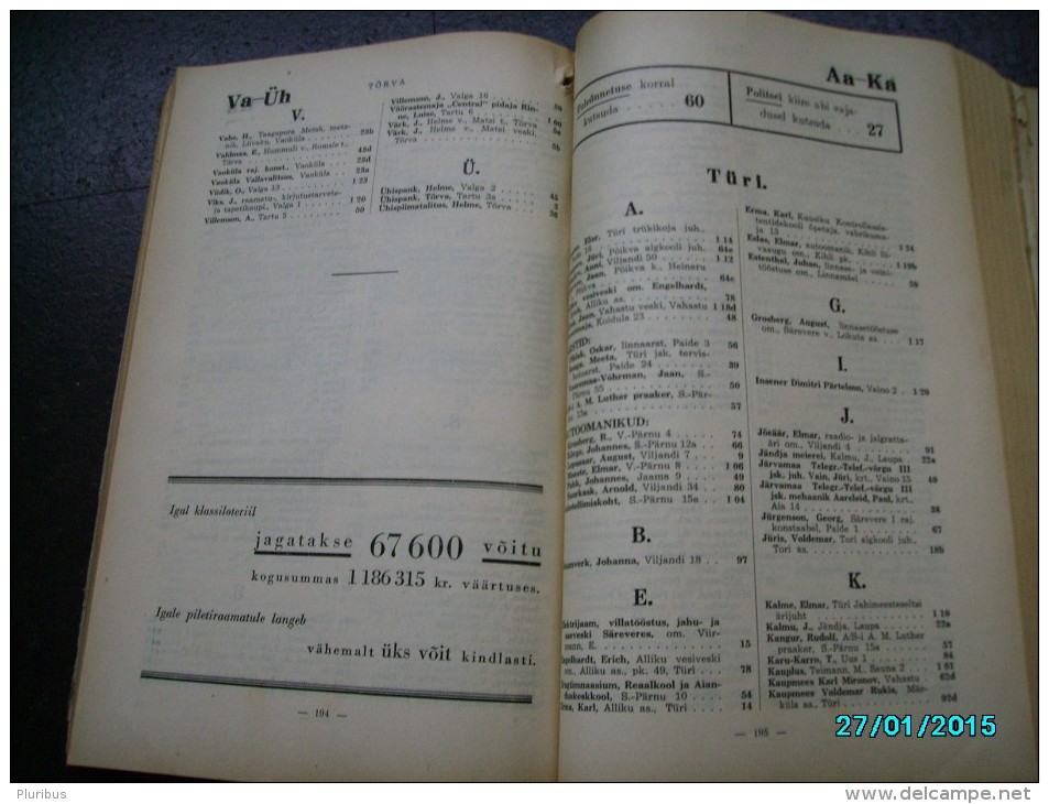1940 ESTONIA OFFICIAL TELEPHONE DIRECTORY + MAP , LAST BEFORE SOVIER OCCUPATION