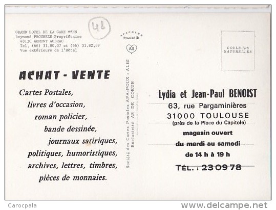 Carte 1970 Grand Hôtel De La Gare à AUMONT AUBRAC - Aumont Aubrac